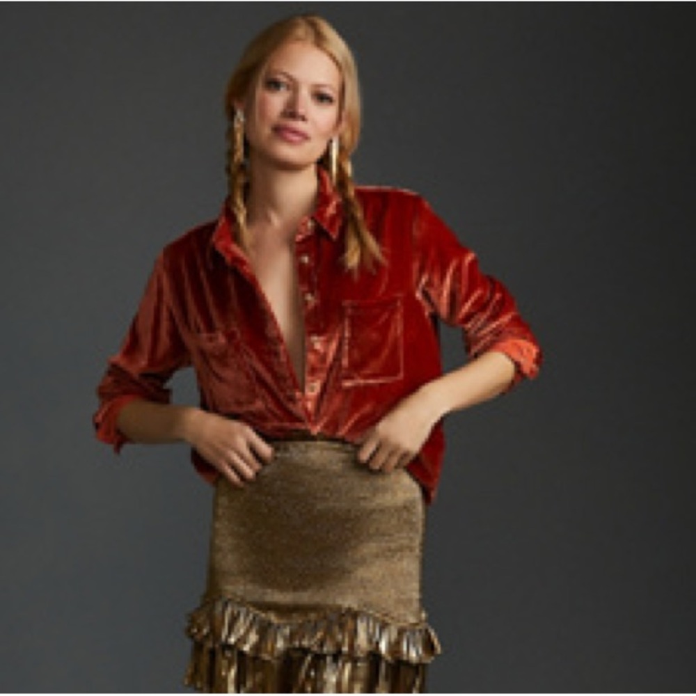 Pilcro Relaxed Velvet Button Down Shirt in Dark Orange